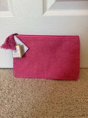 The Royal Standard Pink Burlap Jute Cosmetic Travel Pouch Tassel Bag NWT
